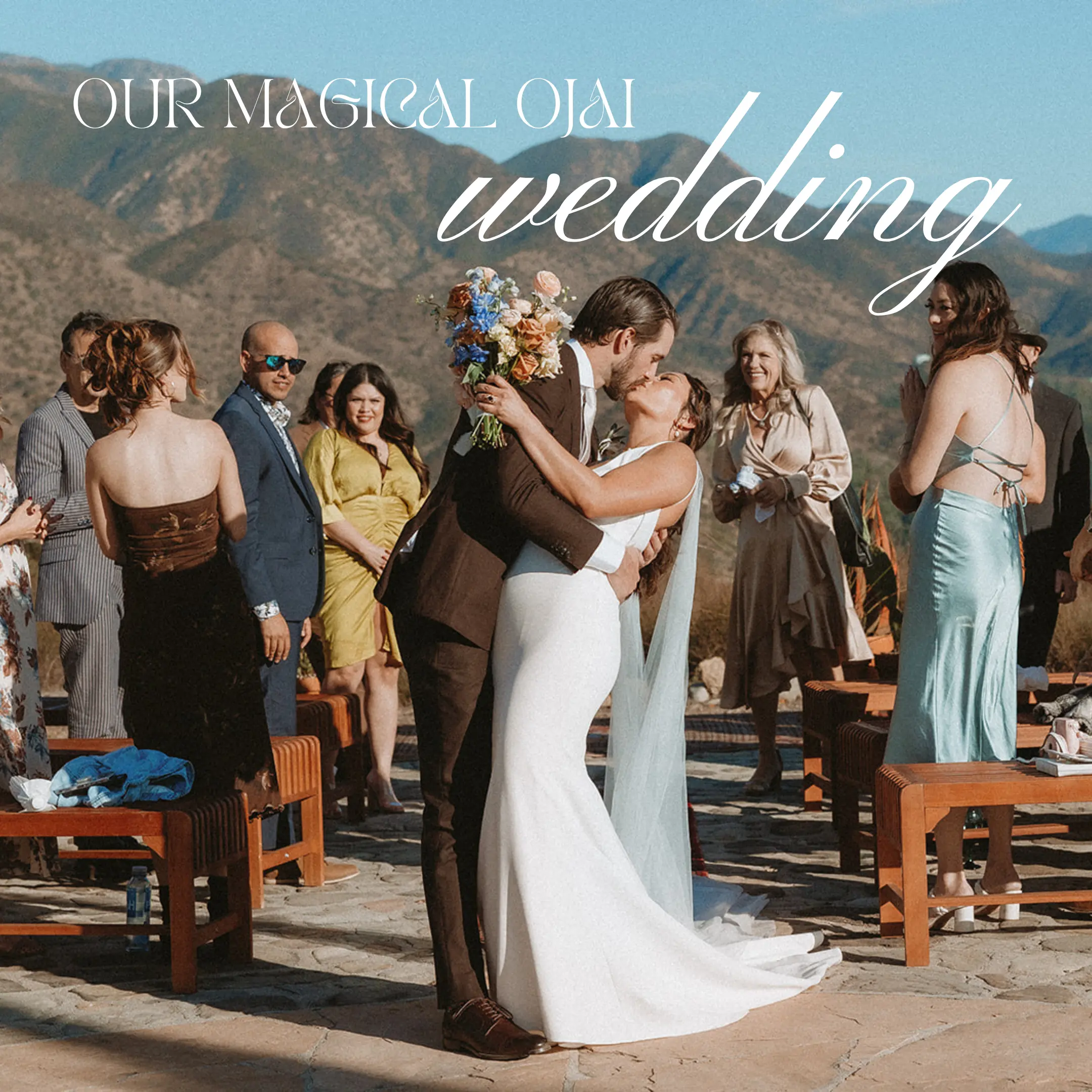 newly married couple kissing on Ojai mountaintop